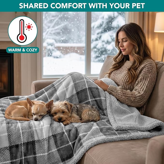PetAmi Waterproof Dog Blanket for Couch, Pee Proof Fleece Reversible Pet Throw, Furniture Protector for Bed Sofa Kennel, Soft Washable Cover for Small Medium Dog Puppy Cat, 29x40 Plaid Light Grey