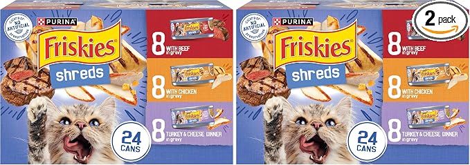 Friskies Wet Cat Food Variety Pack, Shreds Beef Chicken Turkey & Cheese | 48 Pack | 5.5 oz Cans