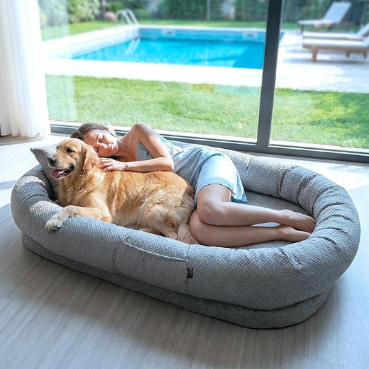 YAEM Cooling Human Dog Bed, 71"x45"x12" Breathable Human Size Dog Bed for Adults, Waterproof Giant Pet Beds with Washable Cover & Non-Skid Bottom, Glacier Grey