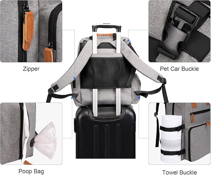 Modoker Dog Travel Bag, Airline Approved Backpack, Grey | Pet Accessories Organizer, 2 Food Storage Containers, 2 Collapsible Dog Bowls, Includes Pet Mat, Tote Weekend Bag