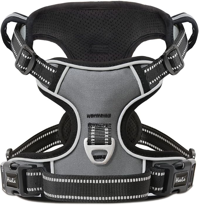 HEELE Dog Harness, No Pull Adjustable Padded Reflective Harness for Small Medium Large Dogs with Handle for Walking Training, Grey, L