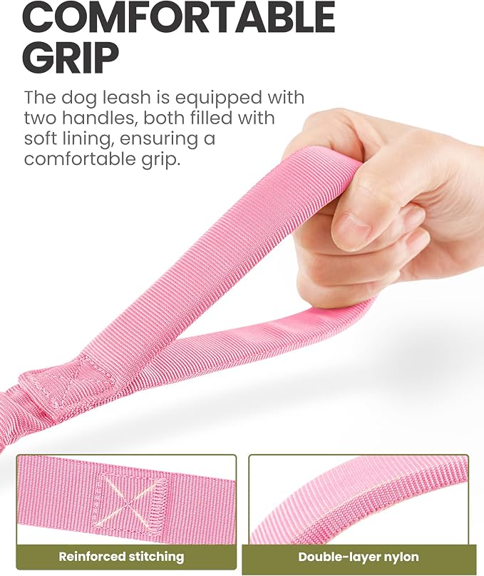 OutdoorMaster Bungee Dog Leash, Heavy Duty Dog Leash with Shock Absorption, 2 Padded Handles Training Leash, Improved Dog Safety and Comfort (Pink, 6 FT)