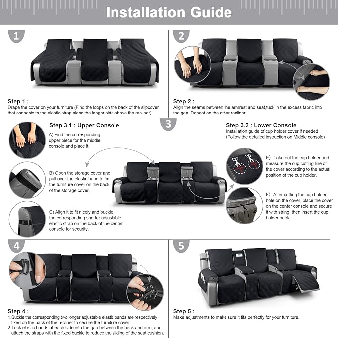 TAOCOCO 100% Waterproof Recliner Couch Covers for 3 Cushion Couch with Console, Recliner Sofa Cover for 3 Seat Sofa, Split Reclining Sofa Cover Furniture Pets Kids Protector (3 Seater, Black)