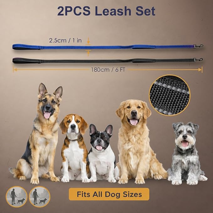 2 Pack Dual Handle Dog Leash, 6ft x 1in Heavy Duty Reflective Nylon Leash with Padded Grip, Traffic Handle, D-Ring, Tangle-Free Dog Lead for Small, Medium & Large Dogs, Safe Night Walks (Black+Blue)