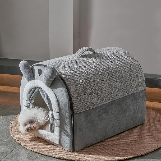 Jiupety Small Dog House Indoor, Cat House with Door Curtain Design, Puppy House with Reversible Washable Cushion, M Size Portable Pet Cave for 7-13 lb Cats and 5-11 lb Dogs, Non-Slip Bottom, Grey