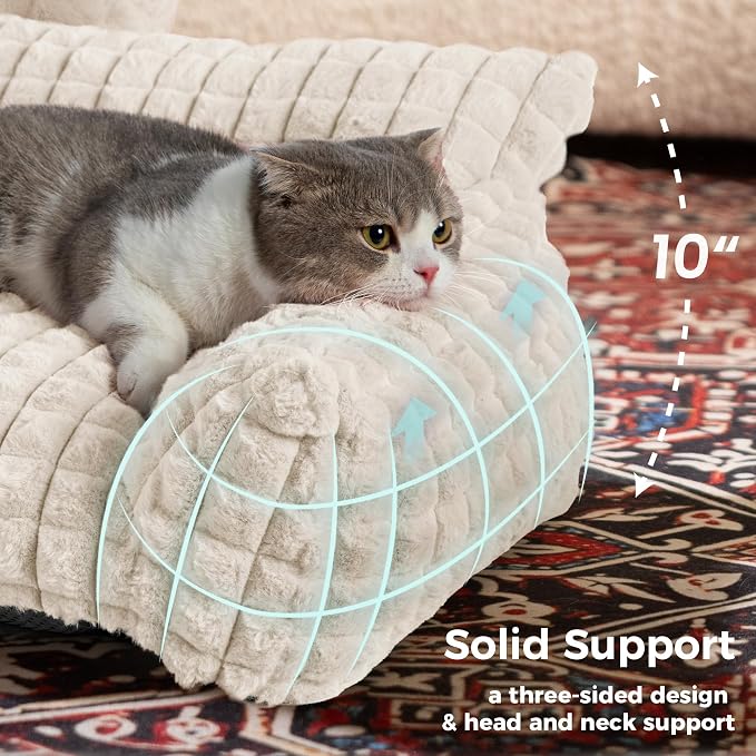 Cat Beds for Indoor Cats - Cute Cat Couch Bed Fluffy Pet Sofa with Faux Rabbit Fur Washable Cover, Fuzzy Pet Couch in 3D Diamond Pattern, Suppportive Large & Small Cats Sofa, 24inch Off White