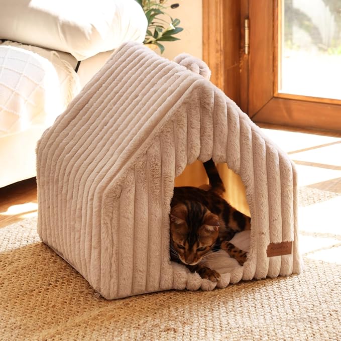 FUKUMARU Cat Houses for Indoor Cats, Washable Cute Cat Bed Cave with Removable Pillow, Large Semi-Enclosed Cozy Dog House Indoor, Soft Faux Rabbit Fur Kitten Bed, 17.5-Inch Cat Hideaway, Pink Grey
