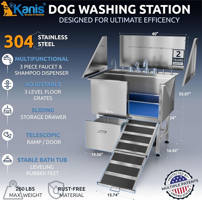 KANIS Professional Dog Washing Station 304 Stainless Steel Pet Wash Sink & Grooming Bathtub w/Shower, Floor Grates and Storage for Large, Medium & Small Pets (Silver, 40 Inches, Right Ramp, 1 Drawer)