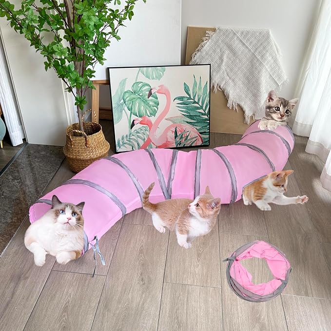 2-Way Collapsible Cat Tunnel Tube Toy Pink — Interactive Play Tunnel with Peek Hole for Indoor Cats, Kittens, Puppies & Rabbits | Hours of Fun & Exercise