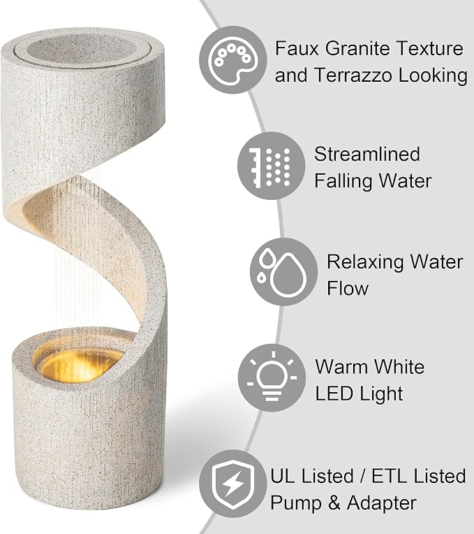 Glitzhome Outdoor Water Fountain with LED Light, Modren Curved Waterfall Fountain with Stone Planter, Faux Terrazzo Spiral Shaped Outdoor Fountains Water Feature for Garden Patio Deck Porch, 40.25”H