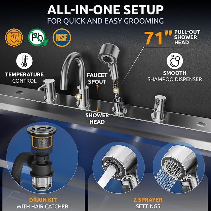 KANIS Professional Dog Washing Station 304 Stainless Steel Pet Wash Sink & Grooming Bathtub w/Shower, Floor Grates and Storage for Large, Medium & Small Pets (Black, 61 Inches, Right Ramp, 2 Drawers)