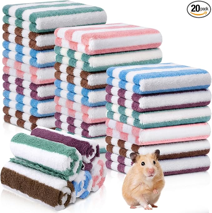 Moukeren 20 Pcs Guinea Pig Fleece Bedding Blankets Bulk Washable Small Animal Fleece Cage Liners Pet Sleeping Mat Cover for Hamster Chinchilla Rabbit Hedgehog (12 x 12 Inch,Striped Style,Multicolor)