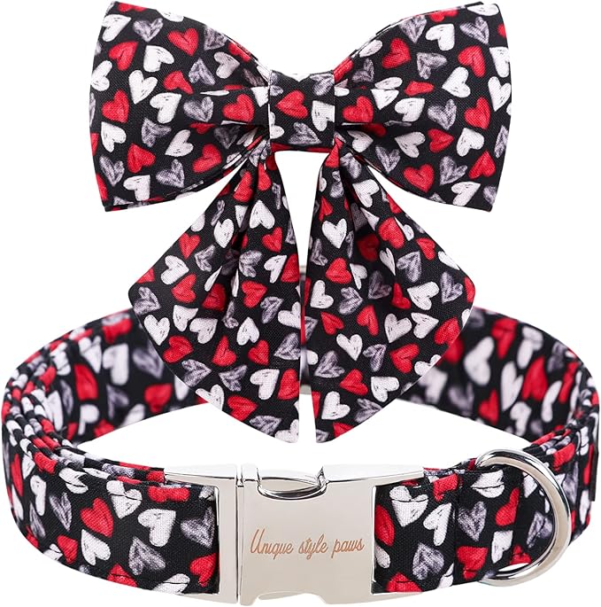 Unique style paws Valentine's Day Dog Collar with Tie Black & Red Heart Puppy Collar Best Gothic Style Gift for Small Medium Large Boys Girls-XL