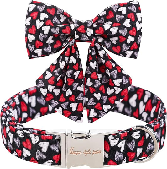 Unique style paws Valentine's Day Dog Collar with Tie Black & Red Heart Puppy Collar Best Gothic Style Gift for Small Medium Large Boys Girls-S
