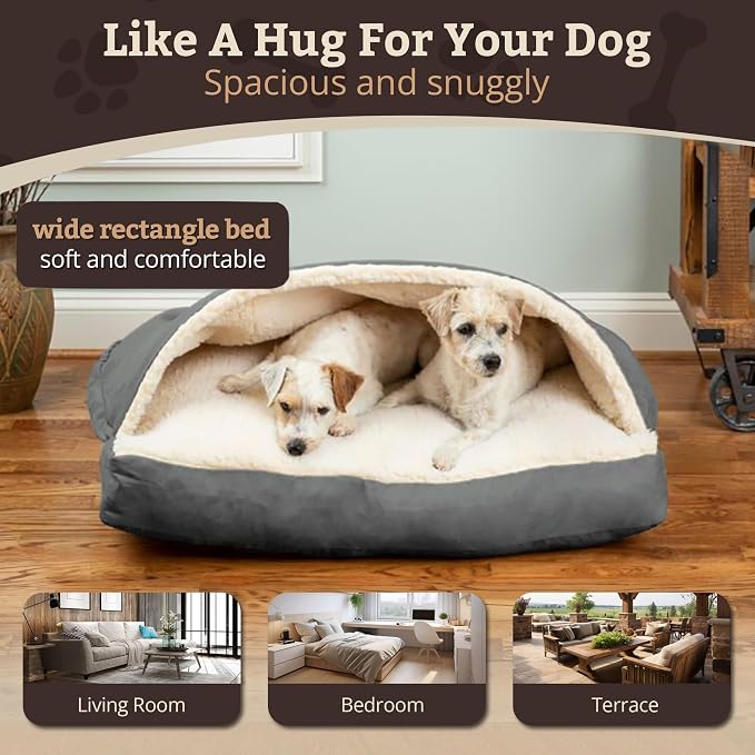 Snoozer Rectangle Cozy Cave Dog Bed - Indoor Dog Bed with Cover Cave, Covered Calming Burrow for Medium & Large Sized Pets with Blanket Attached, Enclosed, Washable Cover - Large, Anthracite