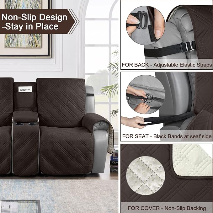 TAOCOCO 100% Waterproof Recliner Couch Covers with Console, Sofa Covers for Reclining Sofa 3 Seat with Straps Design, Split Recliner Sofa Cover Furniture Pets Kids Protector (3 Seater, Chocolate)