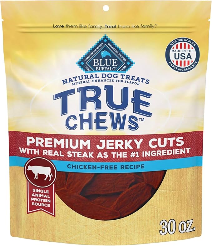 Blue Buffalo True Chews Beef Premium Jerky Cuts Natural Dog Treats, Chicken-Free Dog Snacks, Healthy Reward or Training Treat, Made in the USA with Real Steak & Natural Ingredients, 30 oz.