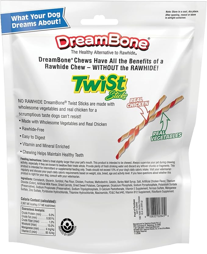 DreamBone Chicken Twist Stick Dog Treats, Daily Rawhide-Free Chew, Digests Safely and Completely, with Real Protein, Chicken and Veggies, 100 Count