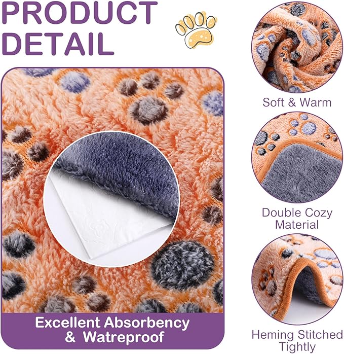 Panelee 4 Pcs Washable Dog Blankets Waterproof Cute Paw Print Fleece Blanket Reusable Puppy Blankets for Small Medium Pet Cat Whelping Warm Soft Mat Guinea Pig Cage Liners(24 x 16 Inch)