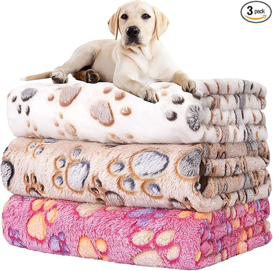 Rezutan Dog Blankets for Large Dogs, Upgraded 3 Pack Dogs Cat Blanket Washable 41" x 31", Soft Pet Throw Cover Suitable for Kennel Crate Bed, Cute Paw Pattern, White/Brown/Pink