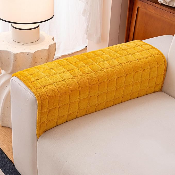 Velvet Couch Cover, Plush Sectional Sofa Cover Washable, Anti Slip Sofa Slipcover for Armrest & Backrest, Furniture Protector Covers for Pets & Kids(1PC,Mustard Yellow,28"×28")