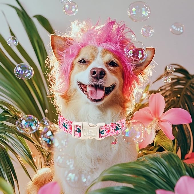Summer Dog Collar Pink Flamingo Dog Collars for Large Dogs - Lightweight Adjustable Cute Male Female Dogs Everyday Collar with Quick Release Buckle L