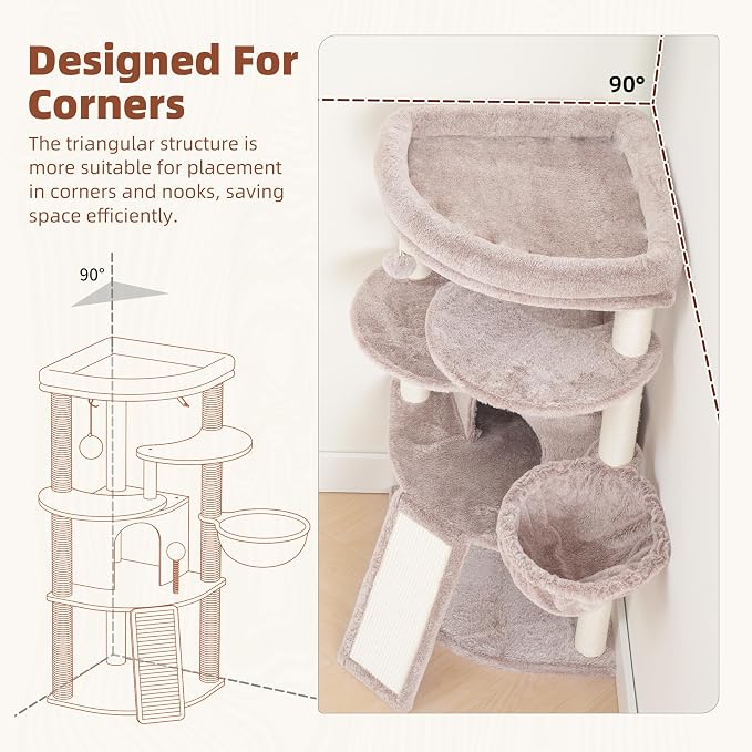 Gitelsnour Corner Cat Tree for Indoor Cats, Cat Tower with All Sisal Scratching Posts, Multi-Level Cat Condo wth Cat Cave, Large Top Perch, Hanging Basket, Sisal Scratching Ramp, Mushroom GCT025MU