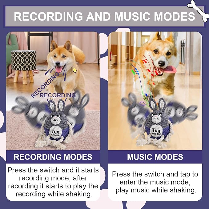 BABORUI Interactive Dog Toys, Easter Squeaky Dog Rope Toys with Recording and Music Modes, Dogs Tug Toy for Small/Medium/Large Dogs to Keep Them Busy (Blue Bunny)