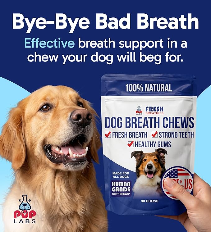 Pup Labs Fresh Breathies, All-Natural Dental Chews for Dogs, Dog Breath Treatment That Supports Gut Health and Immune System, Dog Teeth Cleaning Chews, Dental Treats for Dogs Made in The USA, 30 Count