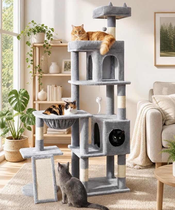 68 Inches Heavy Duty Cat Tree for Indoor Cat, Big Cat Tower with Sisal Scratching Posts and Top Perch, Large Platform for Adult Cats, PMT02GY, Grey