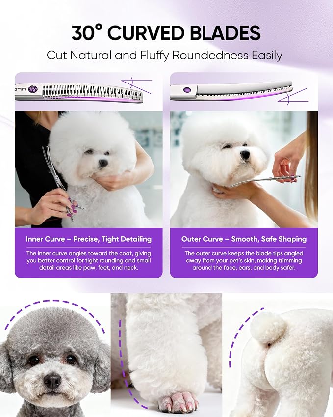 ULG 7.5” Dog Grooming Chunker Shears – 30° Curved Pet Grooming Scissors, Japanese 440C Stainless Steel, 30 Comb & Chunker Teeth, 60% Thinning Rate, Reversible Butterfly Handles for Face, Nose & Body