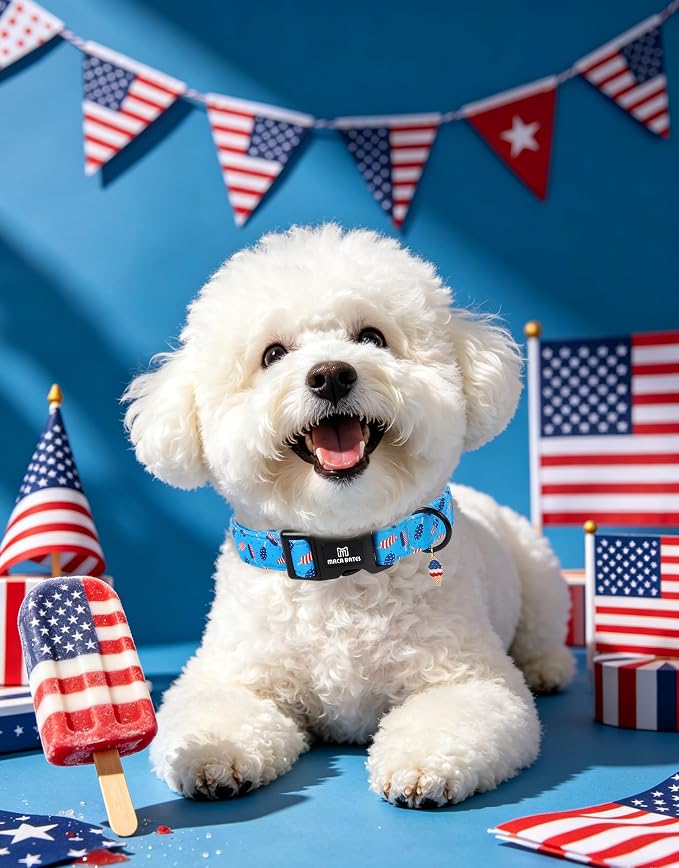 Maca Bates 4th of July Dog Collar with Ice Cream Charm for Small Girl Boy Dogs,Popsicle Pattern,Pretty Adjustable Durable Collars Blue Independence Day Gift for Male Female Puppy