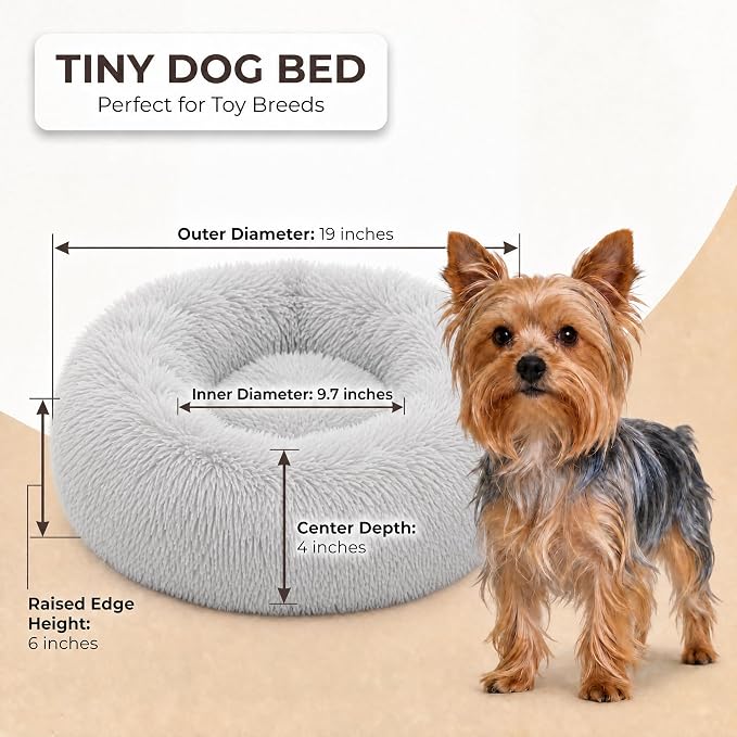 Extra Small Dog Bed Cute Grey Dog Bed Washable 19 inches Donut Fluffy Small Pet Beds,Calming Anti Anxiety Round Fits up to 10 lbs Soft Warm Pets Beds for Puppy Dogs Indoor