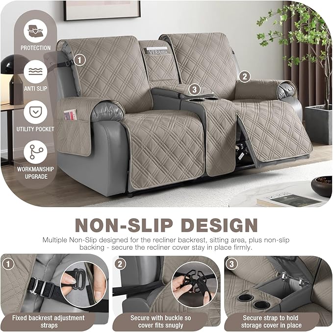 TAOCOCO Loveseat Recliner Cover with Center Console, 100% Waterproof Pet Covers for Dual Recliner with Straps Design, Split Reclining Loveseat Cover Furniture Pet&Kid Protector (2 Seater, Light Brown)