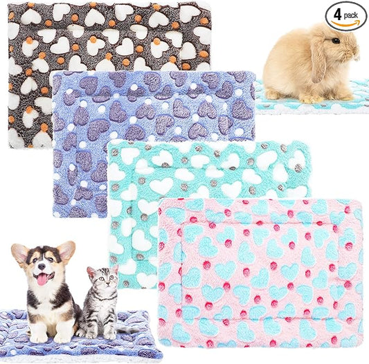 4-Piece Rabbit Bunny Bed - 13 x 19 Inch Guinea Pig Bed Mats - Plush Bunny Pad Mats for Small Animals, Dogs, Cats, Hamsters - Heart Pattern