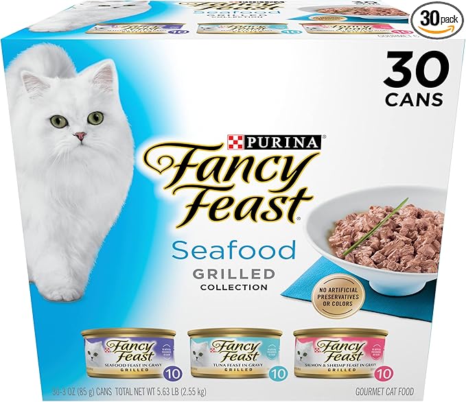 Purina Fancy Feast Grilled Wet Cat Food Seafood Collection in Wet Cat Food Variety Pack - (Pack of 30) 3 oz. Cans