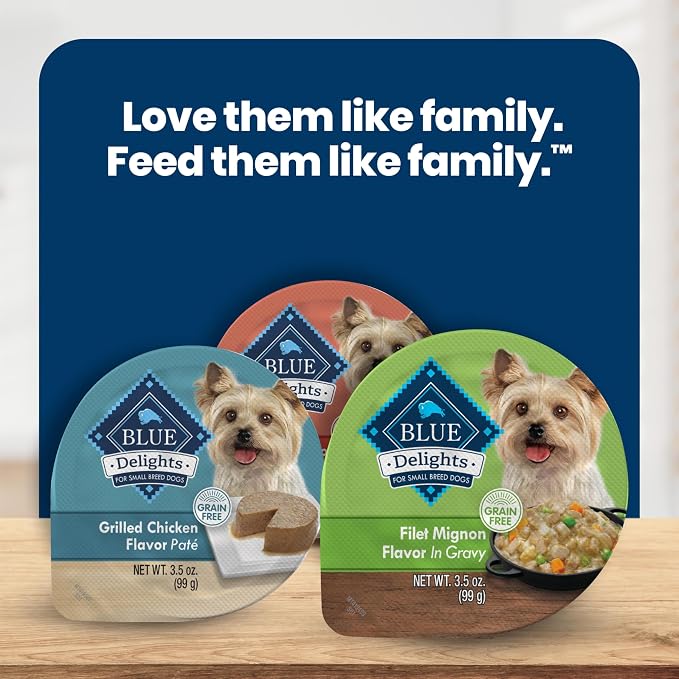 Blue Buffalo Delights Variety Pack Natural Grain Free Wet Dog Food for Small Breed Dogs (Filet Mignon Flavor & New York Strip Flavor) in Gravy with Natural Ingredients, 3.5-oz. Each (12 Cups)