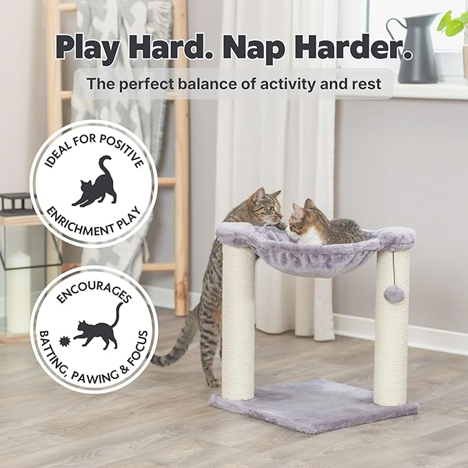 Trixie Baza Cat Scratching Posts, Gray, 15.7" L x 15.7" W x 19.7" H | Indoor Cat Furniture, Plush Hammock, Jute Scratcher Posts, Dangling Toy Ball