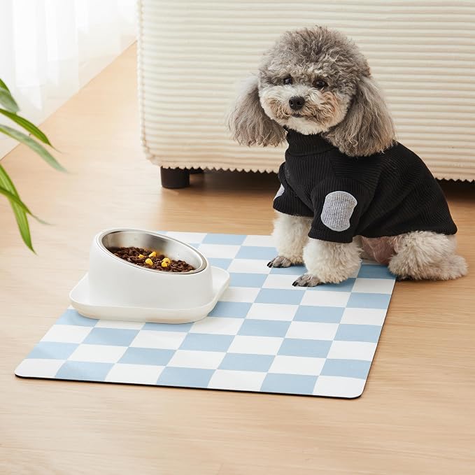 Checkered Dog Feeding Mat, Absorbent Mats for Dog Food and Water Bowl, Dispenser, Retro Aesthetic Light Blue Checkerboard Pet Placemat for Dogs, Cats, Puppy Accessories, 16" X 24”