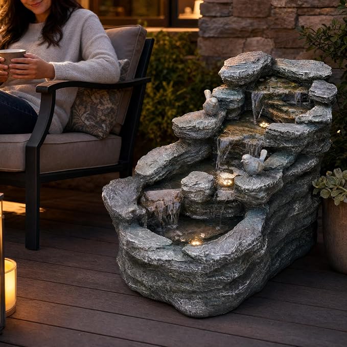 YZM 36.61" Outdoor Water Fountain with LED Lights, 5-Tier Cascading Rock Waterfall Fountain, Freestanding Resin Garden Fountain for Patio, Yard, Porch, Backyard and Indoor Decor