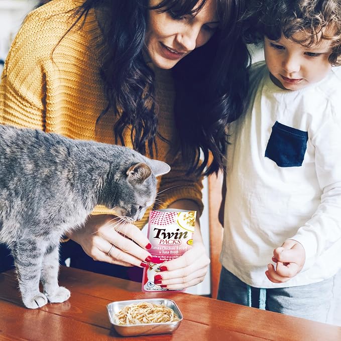 INABA Twin Packs for Cats, Side Dish/Topper Pouch, 1.4 Ounces per Serving, 16 Servings, Tuna & Chicken Recipe in Tuna Broth