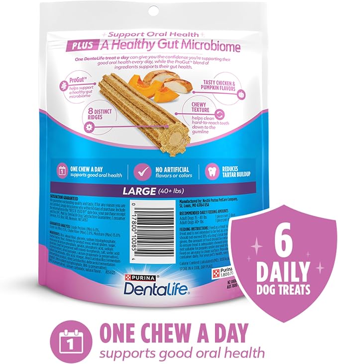 DentaLife Plus Digestive Support Dog Treats for Large Dogs 40 lbs. and up, Cleans Teeth, Freshens Breath, & Supports Healthy Gut, Chicken & Pumpkin Flavor, 7 oz., 6 Chews - 6 ct. Pouch