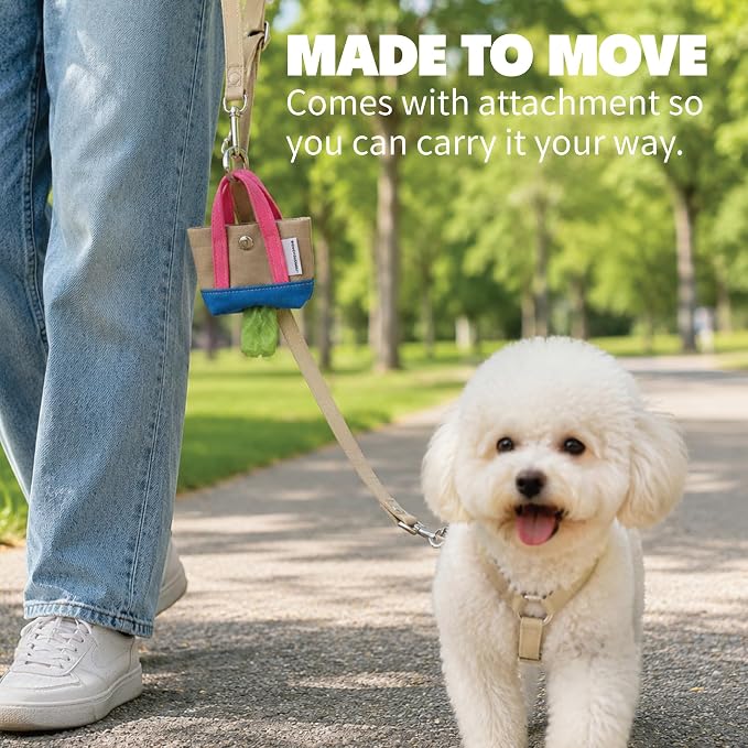 Dog Poop Bag Holder for Leash with 1 Waste Bag Roll, Canvas | Pink Handle, Waste Bag Dispenser Pouch, Round Clip, Cotton Carrier, Handmade in Korea