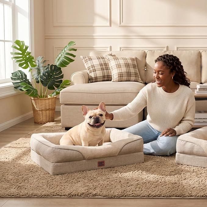 EHEYCIGA Orthopedic Dog Bed for Medium Dog, Memory Foam Dog Couch Bed with Sides, Waterproof Liner & Washable Removable Cover, Bolster Pet Sofa, 30x20 Beige