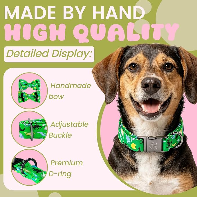 Elegant little tail Boy Dog Collar, Dinosaurs Pet Collars with Bow for Small Dogs, Sturdy Metal Buckle Soft Cotton Bowtie Fabric Summer Adjusatble Dog Collar for Small Dogs