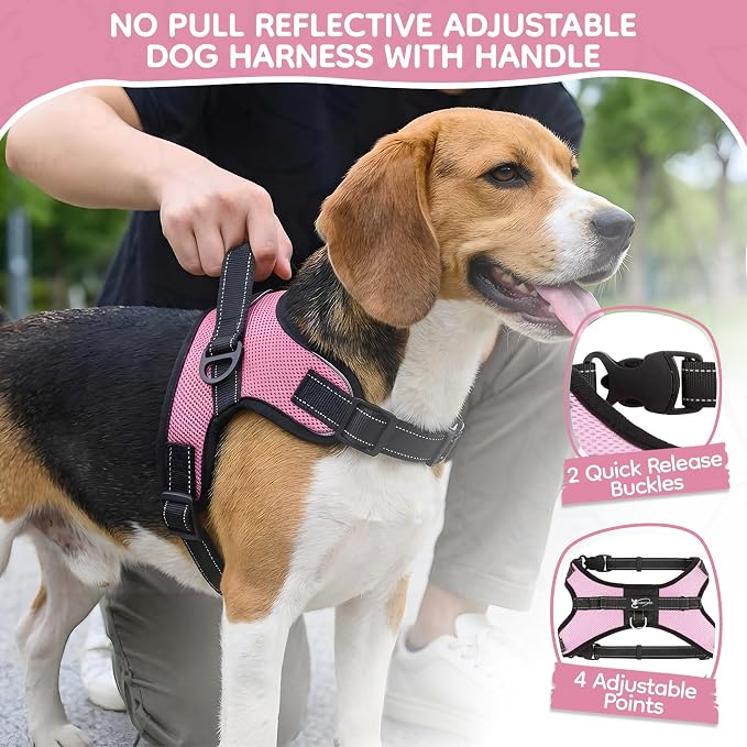 No Pull Reflective Adjustable Dog Harness With Handle- Comfortable Soft All Weather Mesh, Easy On Puppy Harness For Small Medium and Large Dogs (Pink) Medium