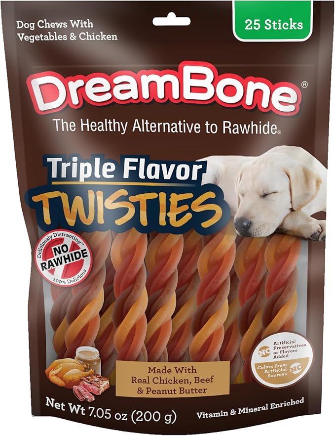 DreamBone Triple Flavor Twisties Dog Treats, Daily Rawhide-Free Chew, Digests Safely, with Real Protein, Chicken, Beef, Peanut Butter and Veggies, 25 Count