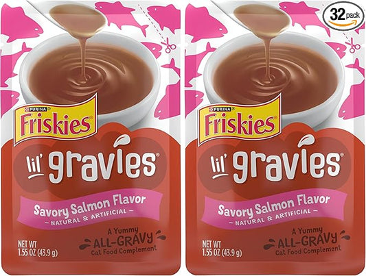 Friskies Purina Lil' Gravies Savory Salmon Flavor Cat Food Complement Lickable Cat Treats - 1.55 oz. Pouches,(Pack of 32)