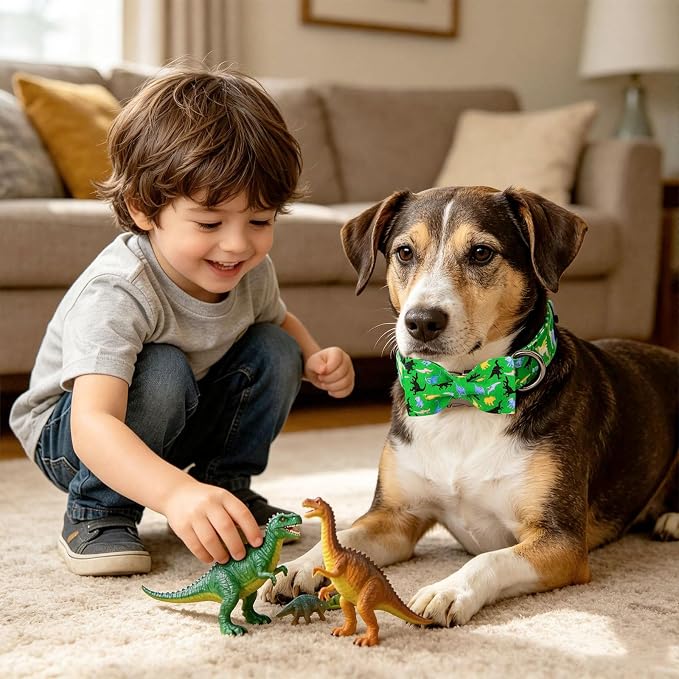 Elegant little tail Boy Dog Collar, Dinosaurs Pet Collars with Bow for Small Dogs, Sturdy Metal Buckle Soft Cotton Bowtie Fabric Summer Adjusatble Dog Collar for Small Dogs
