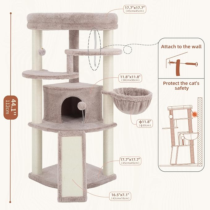 Gitelsnour Corner Cat Tree for Indoor Cats, Cat Tower with All Sisal Scratching Posts, Multi-Level Cat Condo wth Cat Cave, Large Top Perch, Hanging Basket, Sisal Scratching Ramp, Mushroom GCT025MU